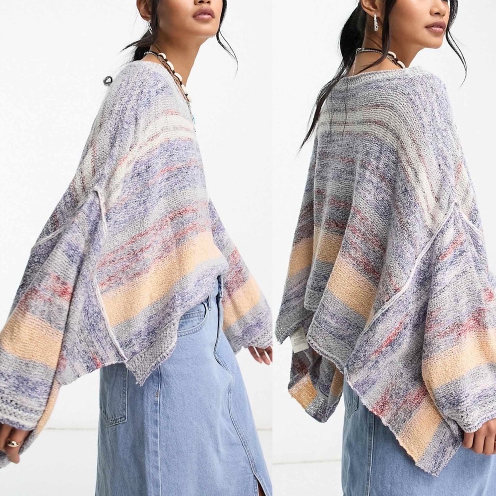 $168 Free People Large Saturn Poncho Top Sweater Crop Knit Crcheted - Picture 1 of 4